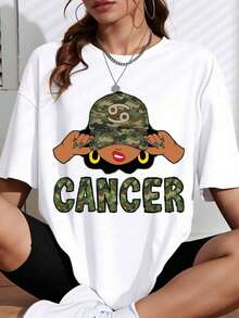 Cancer Zodiac Sign Camo Hat Graphic T-Shirt For Women Astrology Fashion Statement Shirt Unisex Casual Top Birthday Gift Idea - trắng - Xem 1