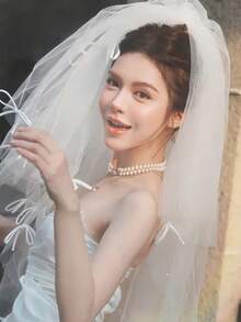 1件轻盈珍珠蝴蝶结单层教堂式新娘头纱，适合女士派对、短款珍珠头纱、简约订婚装饰头纱、婚礼头纱、角色扮演头纱、主题派对头纱、求婚头纱，便携易带 - 白色 - 查看 2