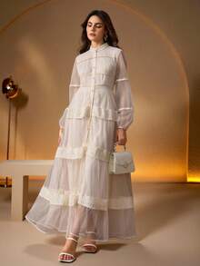 Elegant Multi-Layer Lace Patchwork Open Front Long Sleeve Dress For Women - Apricot - View 5