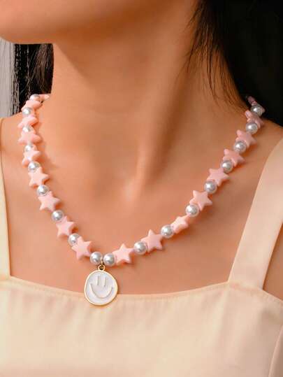 1pc New Fashionable Minimalist Star Dopamine Cute Beaded Pearl Necklace For Girls