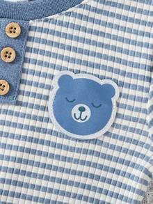 Set Of 5 Triangular Bodysuits For Newborns, Short Sleeves, And A Cute Striped Teddy Bear Print. Soft And Comfortable, Suitable For Boys And Girls, Ideal For Indoor And Outdoor Use. - Màu xanh lam - Xem 3