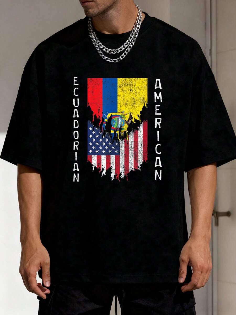 Ecuadorian American Flags Ripped Torn Ecuador Women Men-Shirt Camisas Para Hombre Men's-Shirt Graphic Tees Crop Tops Outfits Tops-Shirt - 黑色 - 查看 1