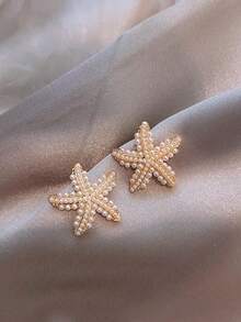 1 Pair Minimalist Faux Pearl Starfish Stud Earrings, Fashionable & Versatile, New Beach Style Earrings - Gold - View 3