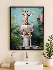 1张趣味长颈鹿浴室墙面艺术海报，热带植物装饰，送给朋友的理想礼物，卧室艺术画，客厅装饰，办公室装饰，浴室装饰，墙面挂饰，家居装饰，房间装饰，帆布墙画，海报，带框墙画，可选画框 - 彩色 - 查看 5