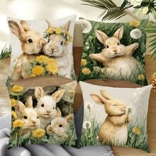 4件套春季复活节蒲公英兔子图案抱枕套，单面印花桃绒涤纶材质，45*45厘米，适用于现代布艺沙发室内装饰、派对装饰、礼品 - 彩色 - 查看 10