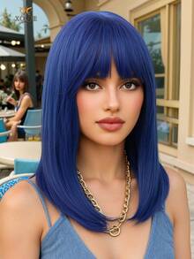 XOUJE 16-Inch Medium-Length Blue Straight Synthetic Wig For Women Comfortable And Natural Appearance Suitable For Fashionable Everyday Wear, Parties, Or Cosplay Photography Heat-Resistant Fiber Wig - Blue - View 3