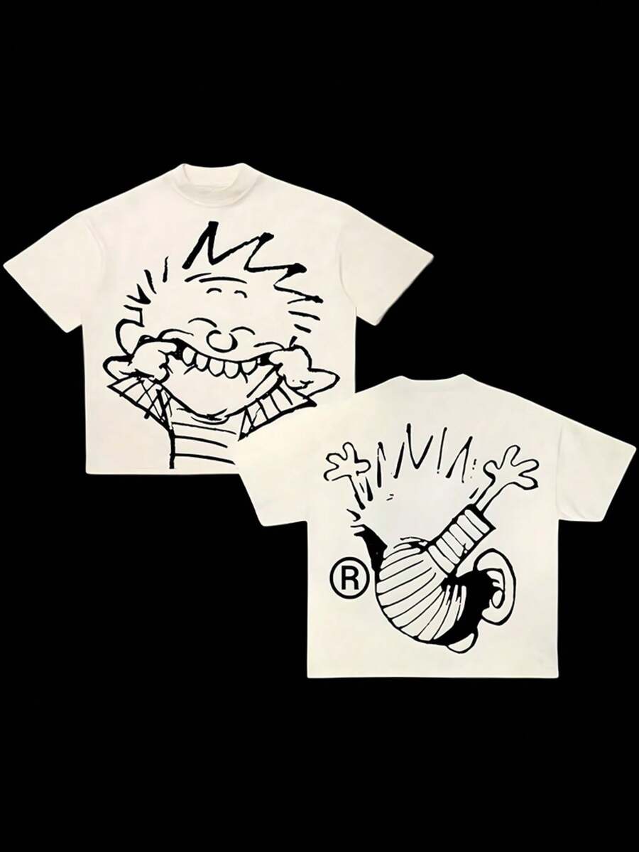 Double-Sided Printing (180 Pure Cotton T-Shirt) Hand Drawn Y2k Style Printing Men's Summer Round Neck Short Sleeve Casual Cotton - 白色 - 查看 1