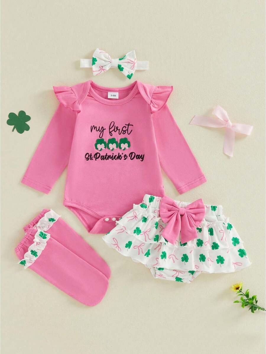My First St Patricks Day Outfit Baby Girl Romper Shamrock Ruffle Shorts Blommers Socks Set St Patricks Dress Clothes - Hồng - Xem 1