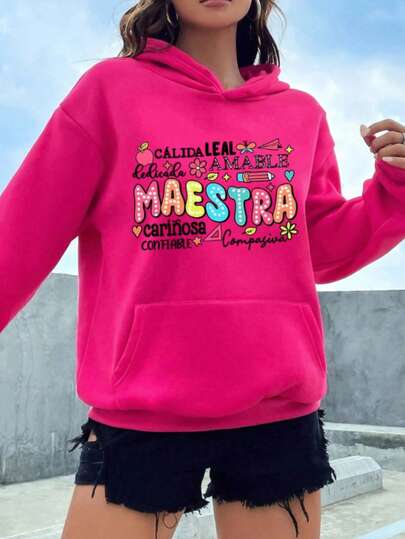 Mujer003 Sudadera de mujer invierno sudadera de manga larga cómoda suave  Gorra con capucha rosa vibrante con encantadoras palabras dedicadas a las maestras, de alta calidad, amable, cariñosa y c