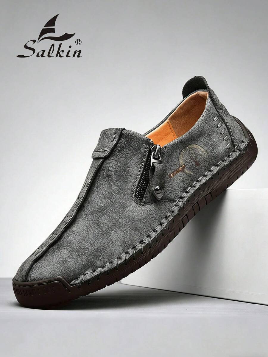 Salkin Classic Designer Handmade Men's Loafers, Solid Color Suede-Like Upper With Side Zipper, Casual Slip-On Shoes With Soft & Comfortable Lining, Non-Slip Rubber Outsole, Suitable For Outdoor Walking And Driving - Grey - View 1