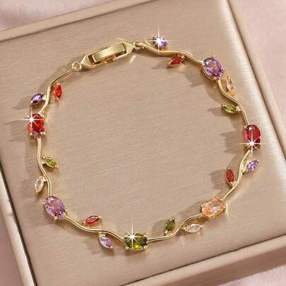 时尚奢华铜镀24K金锆石叶子手链，高品质精致全镶钻手链，跨境热销卖家