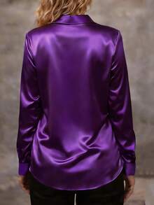 Neue Ankunft Damen Mode Satin glatte Lässig Knopf-Bluse - Violett - Übersicht 2