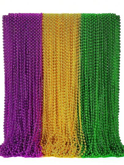 Gras Beads, Bulk Green, Purple, Gold Metallic Gras Necklaces, Gras Bead Necklace Costume Accessories Set, Suitable For Parades, Throws, Parties, Decorations And Gifts