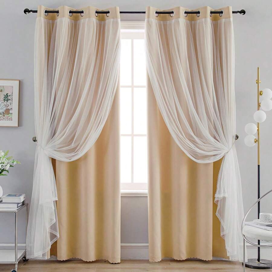 Blackout And Sheer Layered Solid Window Curtain Panel Pair With Grommet Top, 52Wx63L, Orange - Anytime Use - 淺褐色的 - 查看 1
