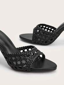 Western Wedding Party Banquet Minimalist High-End Pointed Toe Handwoven Hollow Out Ankle Strap Chunky Heel Sandals,Summer Outfits - Black - View 4