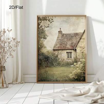 1件复古田园风乡村墙饰，夏季乡村风景海报印刷品，复古油画春季印刷品，乡村风野花墙饰，复古春季风景印刷品，中性墙饰，无框
