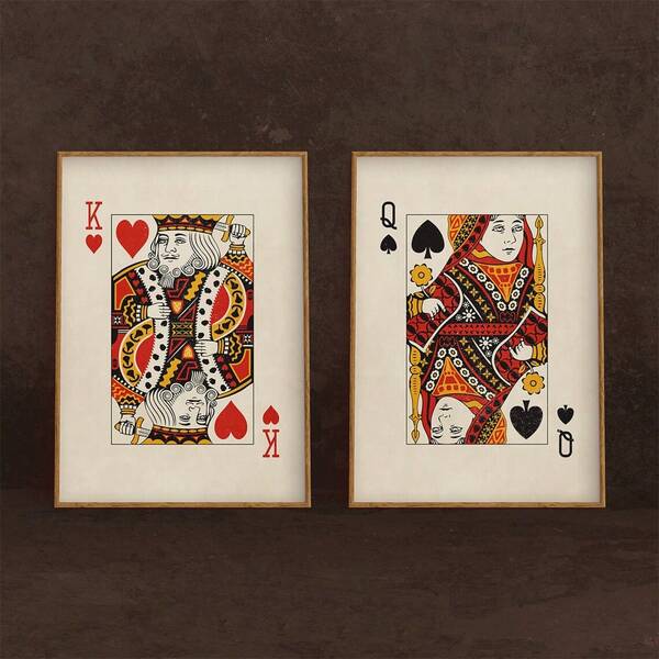 国王和王后扑克牌主题墙饰两幅画，情侣款，复古风格海报，墙面装饰，复古风，中世纪复古海报，学院风艺术，客厅家居装饰，墙面装饰，无框