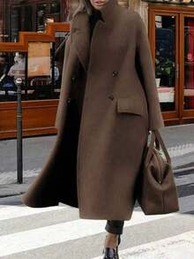 Plus Size Women's Casual Wool Blend Turndown Collar Long Sleeve Warm Commuter Elegant Long Coat, Autumn/Winter - Brown - View 2