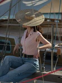 QIANZHIDU 女士甜美休闲优雅简约复古迷人衬衫，翻领设计，可卷起袖子，前中纽扣，粉白撞色格纹图案，是下午茶聚会、生日庆祝等夏季活动的完美之选。 - 粉色 - 查看 9