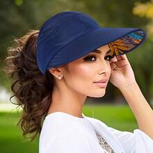 Bohemian Style Baseball Cap Design, Fashionable Wide Brim Ponytail Hat With Face Shield, Breathable, Suitable For Summer Outdoor Activities, Weddings, And Casual Wear, Party, Sun Protection Hat, Available In Three Colors - 海軍藍 - 查看 10