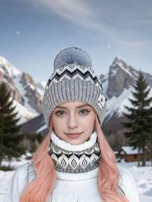 3-delars set: Stickad mössa med bokstavsmönster, fleecehalsduk och helfingervantar, varm vindtät stickad vintermössa för unisex, tjock fuzzyhalsduk och jacquardvantar, lämplig som julklappar - Multifärgad - Visa 9