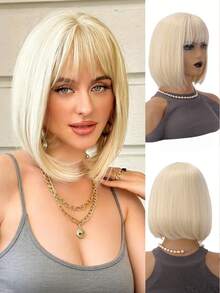 12 Inch Straight Synthetic Fiber Elegant Women's Golden Bobo Wig With Bangs, High-Density Bob Wig Suitable For Daily Wear And Parties, Party Accessories | Shoulder Length Wig | Synthetic Fiber Wig - Gold - View 11