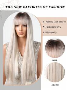 26英寸渐变直发假发，带刘海，适合女性，合成纤维假发，适合日常佩戴、派对、音乐节等场合。 - 漸層 - 查看 9