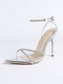 法式夏季女士绑带凉鞋，新款百搭露趾水钻交叉绑带性感法式时尚细高跟凉鞋 - 銀色 - 查看 7