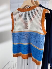 蓝白橙撞色镂空针织背心，V领单排扣无袖开衫 春季 - 藍白色 - 查看 9