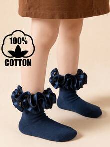1 Pair Cotton Girls' Solid Color Lace Trim Dance Socks, Elegant Princess Style Short Socks For Party Outfit - Multicolor - View 9