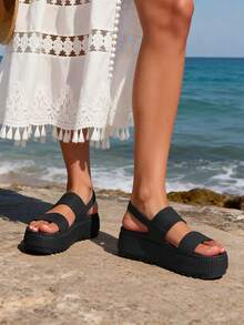 Women's Waterproof 1.69inch Platform Water Sandals Adjustable Casual Lightweight Wedge Chunky Sandals For Beach Vacation Summer All Black Shoes - 黑色 - 查看 5