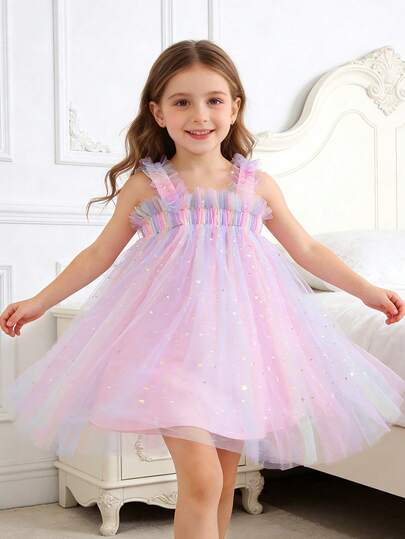 1件装 小女孩可爱优雅甜美公主蕾丝吊带星星月亮彩虹薄纱蓬蓬裙，适合生日、节日、演出等各种场合的派对礼服