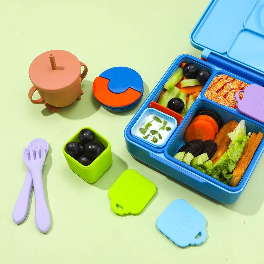 2个装蘸酱容器，兼容OmieBox，4盎司硅胶沙拉酱容器，适用于大多数便当盒，调味蘸酱杯，带盖，适合儿童学校野餐旅行（蓝色，紫色） - 彩色 - 查看 1