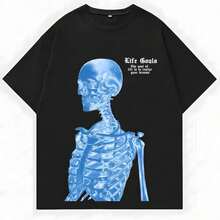 Blue Skeleton Man Life Goals Letter Printing Women T-Shirts Summer O-Neck Cotton Tops Street Fashion Tees Loose Soft Clothes Mardi Gras - 黑色 - 查看 1