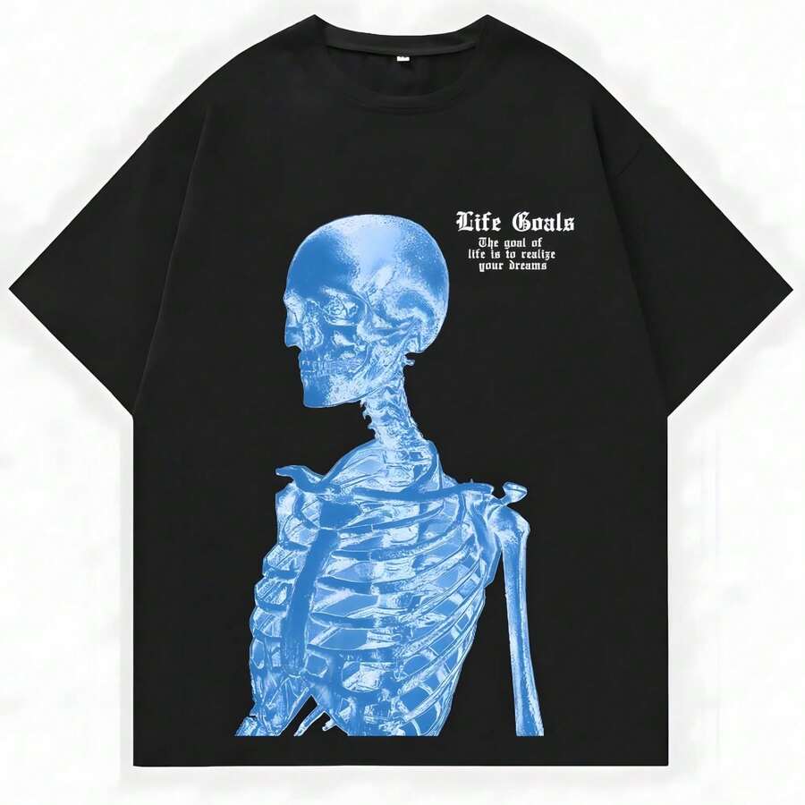 Blue Skeleton Man Life Goals Letter Printing Women T-Shirts Summer O-Neck Cotton Tops Street Fashion Tees Loose Soft Clothes Mardi Gras - 黑色 - 查看 1