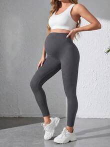 Maternity Solid Color High Waist Ribbed Skinny Casual Pants Spring - Dark Grey - View 5