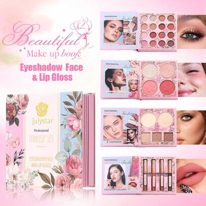 Julystar 4-In-1 Pink Flip Makeup Book, Portable All-In-One Palette For Basic Eyeshadow, Blush, Lip Gloss & Bronzer, 5-Minute Face Essential, Space-Saver For Dorm & Travel