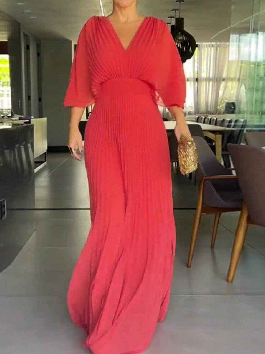 Dresses For Women,Women's Fashionable And Elegant Solid Color Pleated V-Neck Batwing Sleeve High Waist Full Skirt Long Dress - 紅色 - 查看 1