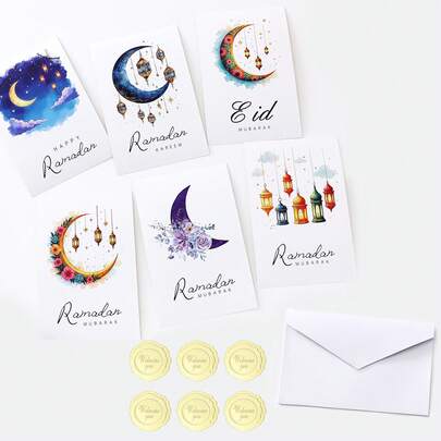 18 piezas/36 piezas Tarjeta de felicitación Ramadán Kareem Eid Moonlight Flores Linternas, para decoración y suministros del feriado de Ramadán