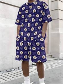 Understated Yet Stylish Purple Men's Athletic Short-Sleeved Beach Shorts Set With Daisy Print. Features Drawstring Details, Lightweight And Comfortable Polyester Fabric With Slight Stretch, Machine Washable Year-Round, Sporty And Casual Style. - 彩色 - 查看 4