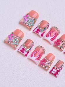Sugar Burn Duck Tip Press On Nails, Handmade Pink Flame Nails, Ice Cream Charms, Stars, Rhinestones, Sweet Y2K Glam Summer - Pink - View 10