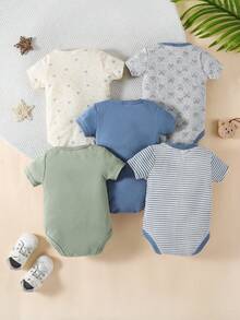 Set Of 5 Triangular Bodysuits For Newborns, Short Sleeves, And A Cute Striped Teddy Bear Print. Soft And Comfortable, Suitable For Boys And Girls, Ideal For Indoor And Outdoor Use. - Màu xanh lam - Xem 2