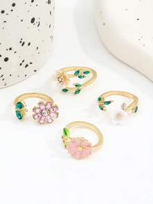 4件套ins风粉色水钻小花、露珠雏菊和绿叶戒指套装，人造宝石五瓣花和人造珍珠可叠戴戒指，女士款 - 金色 - 查看 3