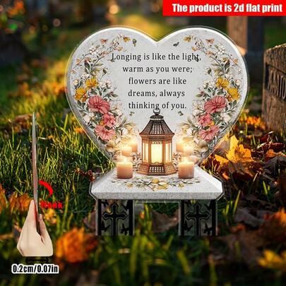 使用前，请务必先撕掉产品保护膜。2D平面，1件装。心形花朵，适用于花园装饰，可插在花园支架上，带灯笼底座，无需电源，轻巧便携，适合室内外装饰，可用于万圣节、圣诞节、花园、草坪、围栏、春季装饰，也适用于墓地装饰。