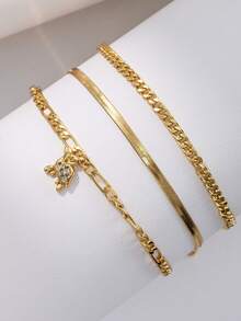 3pcs/Set Women Anklet Set, Bohemian Summer Beach Vacation Layered Style, Gold-Plated Cuban Link, Flat Snake Bone Chain, Copper Zirconia Turtle Pendant Ocean Series Multi-Layer Anklet Accessories Gift - Yellow Gold - View 5