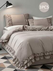3pcs Bohemian Farmhouse Style Bedding Set, Taupe Ruffled Duvet Cover Set, Soft Microfiber Duvet Cover, Unisex, 1 Duvet Cover, 2 Pillow Shams (No Comforter Included) - Camel - View 1