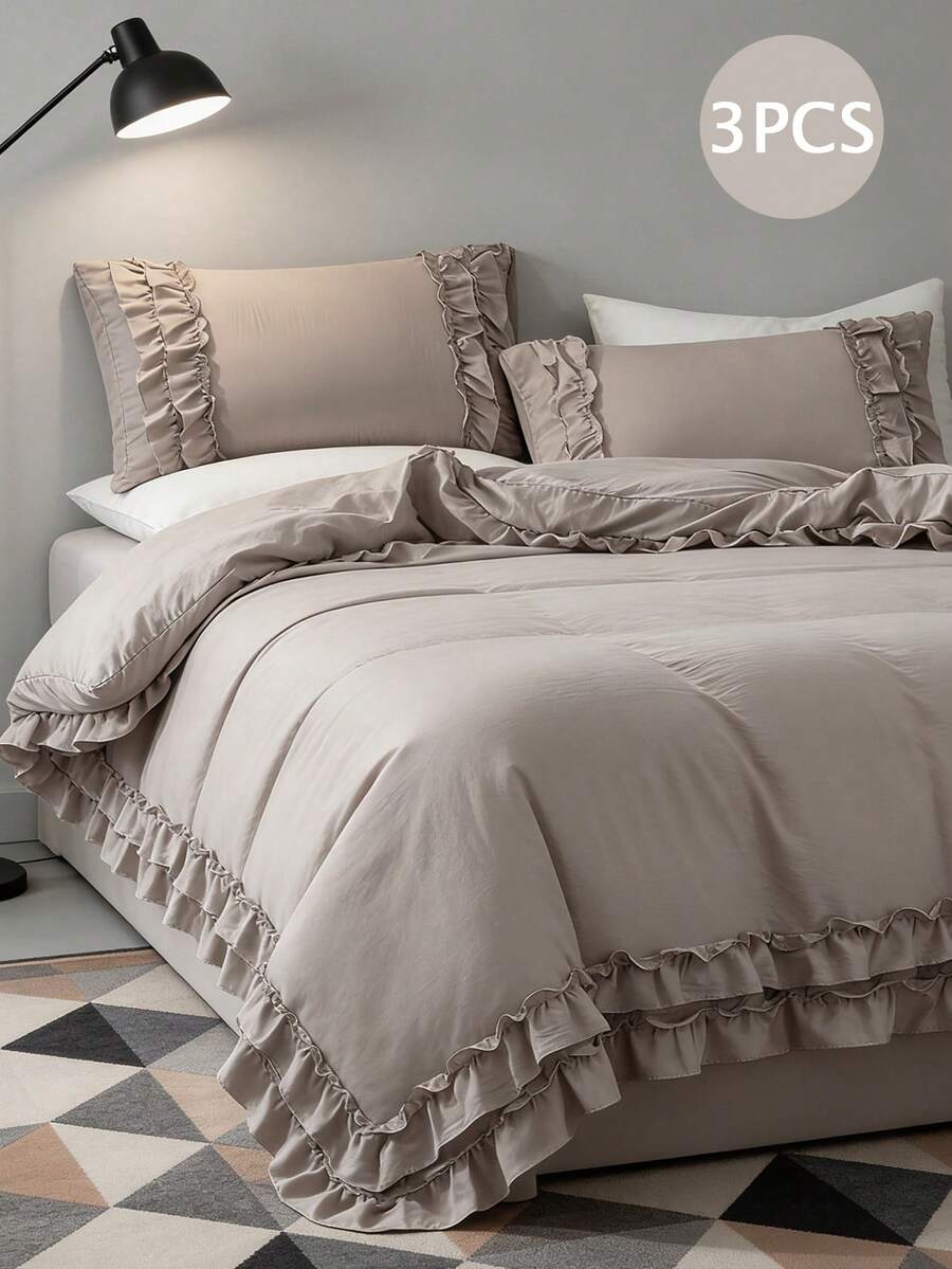 3pcs Bohemian Farmhouse Style Bedding Set, Taupe Ruffled Duvet Cover Set, Soft Microfiber Duvet Cover, Unisex, 1 Duvet Cover, 2 Pillow Shams (No Comforter Included) - Camel - View 1