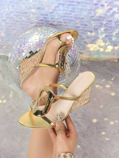 Elegant Fashion Outdoor Party Increasing Height Slimming Casual Versatile Spring/Summer New Gold Open Toe Metal Buckle Wedge Slip-On High Heel Sandals For Women