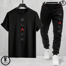 Men's Fashion Casual T-Shirt And Sweatpants Set - Black Cotton Knit + Sweatpants With Pockets - Art - Áo thun đen, quần đen - Xem 2