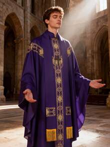 Medieval European Priest/Monk Robe Cosplay Costume, Includes: Printed Loose Robe, Fringed , Cross Accessory - Purple - View 3